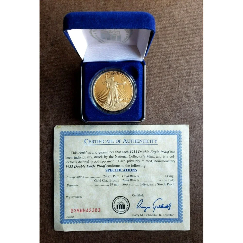 1933 DOUBLE EAGLE PROOF GOLD Clad Bronze 1oz Medal National Collectors MINT COA